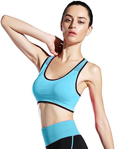 Women Fitness Sports Shirt Bra, Joymixx Full Cup High Impact Push Up Shockproof Breathable Mesh Workout Crop Top for Zumba Running Yoga (Blue, S/M)