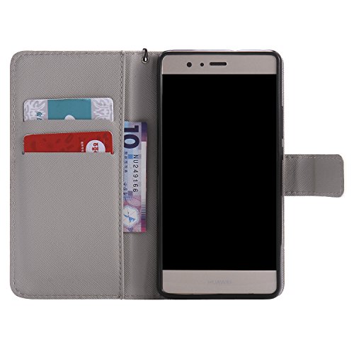 Feeltech HUAWEI P9 Lite Hülle PU-Leder und Brieftasche Bunte Muster Fall mit Magnetverschluss, Hybrid-Kickstand mit Stand-Funktion, schlagen Sie schützende weiche TPU Stoßstangenabdeckung und Kreditkartenhalter für HUAWEI P9 Lite Handgelenk Bügel-Buch-Art-Geldbeutel-Tasche mit 2 In 1 Berühren Sie Stift – White leopard - 6