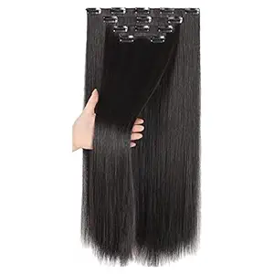 PRAVRAJYA Women Hair Extension Full Head Wig 22 Inch Synthetic Natural Straight Black Hair Pieces with 5 Clip Wig Cheap Fluffy & Not Tangled Women and Girls - (1b# black)