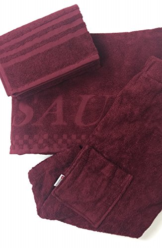 Damen Sauna Set 3tlg Saunakilt mit Knöpfe in zwei Größen + XXL Saunatuch + Handtuch Bordeaux Rot, Größe:XL/XXL