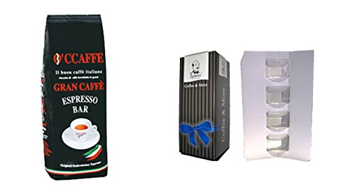 O`C Caffè Gran Caffè Espresso BAR Kaffeemischung ganze Bohnen 1 Kg + 4 Glastassen mit Henkel 200ml im Geschenkkarton