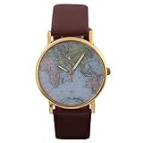 DAYAN Unisex Elegante Retro Old Classic Luxury World Map-Armband Quarz-Armbanduhr mit Lederband Farbe Braun