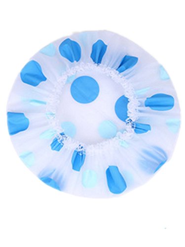 Moolecole Women's Waterproof Transparent Lace Shower Cap Polka Dots Bathing Cap Spa Shower Hat Blue