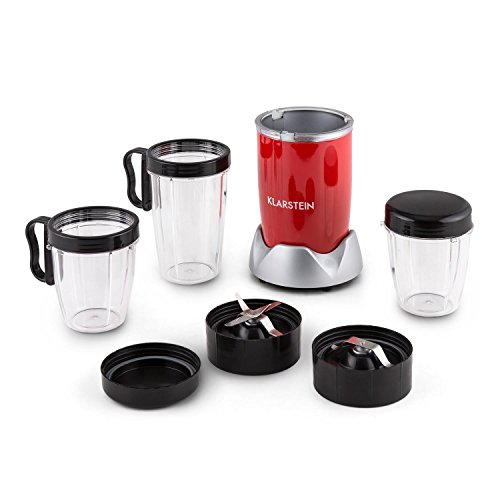 Klarstein • NutriRocket • Standmixer • Smoothie Maker • Minimixer • Küchenmixer • 700 Watt • bis zu 1 Liter Fassungsvermögen • drei Mixbecher • zwei Handgriffe • zwei Frischhaltedeckel • Edelstahlklingen • 1x Kreuzklinge • 1x Flachklinge • rot - 8