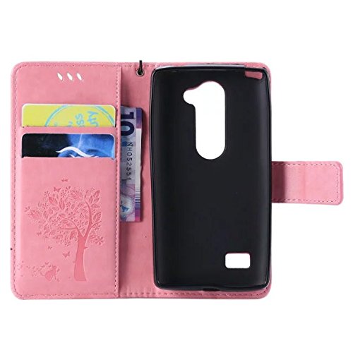 LG LEON LTE / C40 / H340N H320 Hülle Rosa im Retro Wallet Design,Cozy Hut LG LEON LTE / C40 / H340N H320 Hülle Leadertasche Premium Lederhülle Flip Case im Bookstyle Folio Cover Kartenfächer Magnetverschluss und Standfunktion Leder Schale Etui für LG LEON LTE / C40 / H340N H320 (4,5 Zoll) Handytasche Schutzhülle Katzen und Bäume Muster – rosa - 3