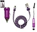 Produktbild Emartbuy® Polka Dots Range Trio Pack für HomTom HT10 / HomTom HT17 - Lila USB Car Ladekabel + Lila Mini Eingabestift + Polka Dots Lila / Weiß Flache Micro USB Kabel