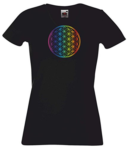 Preisvergleich Produktbild T-Shirt Damen schwarz mit Regenbogen Audruck - Blume des Lebens - Ornament - S