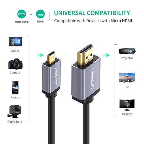 Micro HDMI auf HDMI UGREEN High Speed Kabel 2M mit Ethernet Vergoldete Kontakte Unterstützung 1080p 3D,4K-Auflösung und ARC, Micro HDMI D Stecker auf HDMI A Stecker Alu-Gehäuse Schwarz - 5