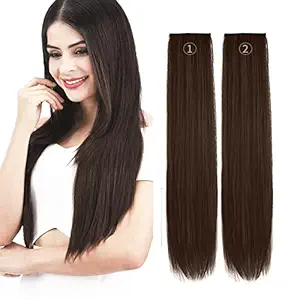 LHS -LUXURY HAIR STUDIO Human Hair Extension Remy Clip in?2 Piece Straight Hair 24 Inch Streaks Strand Hair Extension (BROWN COLOUR) For Woman and Girls SET OF 2