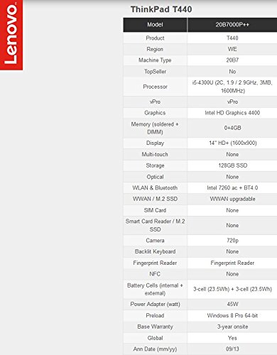 Lenovo NoteBook TP T440 Intel Core i5-4300U  1 9 GHz   4GB RAM  128GB SSD  35 56 cm  14 0    screen  HD   1600x900   Intel HD Graphics 4400  Bluetooth