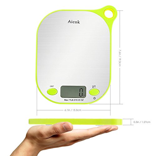 Aicok Küchenwaage, Präzision bis zu 1g (5kg Maximalgewicht), Tara-Funktion, Aufhänger Design mit Edelstahl Teller, Grün - 4
