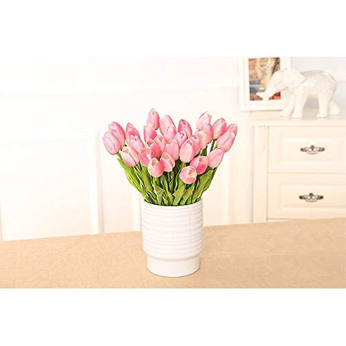10 Stück JUYUAN-EU Tulpe künstliche Blumen mit Blätter Dekoriere Kunstblumen Latex Real Touch Bridal Wedding Bouquet Home Decor Hell Rosa - 7