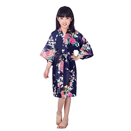 CuteOn Kinder Mädchen Kimono Robe Satin Seide Weiche Blossom Peacock Bademantel Nachtwäsche für Kinder Brautkleid Kleid