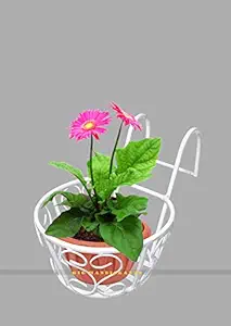 GIG Handicrafts Single Round Iron Naturals-Balcony Railing Basket Plant Stand Planter (22 cm x 22 cm x 20 cm, White)