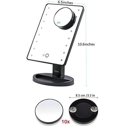 Showpin Make-up-Spiegel mit LED Beleuchtung Touch Schalter Kosmetikspiegel, Beleuchteter Schminkspiegel mit 10 x Vergrößerungsspiegel, Ultra-High Falterbar Definition Standspiegel, 180 Grad Freie Rotation Tischspiegel,Schwarz - 5