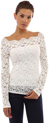 WXW Flat Collar Pure Color Lace Sexy Thread Empty Long Sleeves Shirt,White,Xs