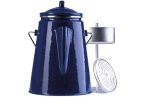BLNTACKLE76 Cafetière en émail avec percolateur pour 12 tasses (2 l) Émaillé noir ou bleu + 2 cuillères à café Pour le camping et les déplacements Compact (bleu avec taches blanches)
