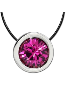 Amello Edelstahlschmuckset besthend aus Lederkette schwarz mit Anhänger Swarovski Elements Zirkonia fuchsia ESSS01P