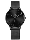 Alienwork Damen-Armbanduhr Quarz schwarz mit Milanaise Mesh-Armband Edelstahl Ultra-flach dünn