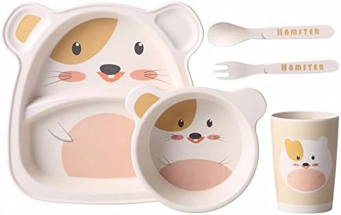 FJM Bamboo Fiber Children 'S Dinner Set Set Grid Cute Cartoon Rice Bowl Baby Eat Cutlery Separate Shatter-Resistant Plate,H