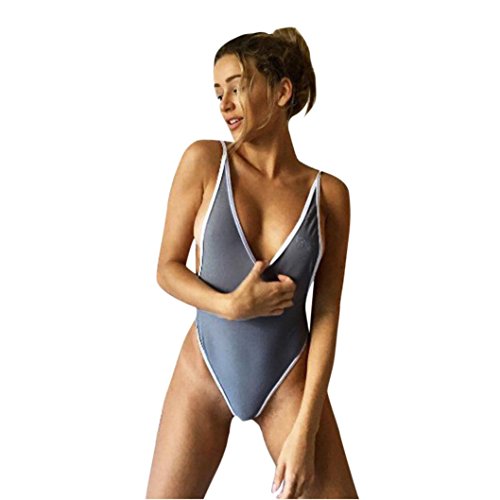 Hmeng Women's High Cut One Piece Backless Thong Swimsuits Monokini Bathing Suit (XL, Gray)