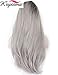 K'ryssma® Grey Ombre Black Roots Natural Straight Soft Hair Synthetic Lace Front Wig for Women Natural Looking Full Wig Half Hand Tied Heat Safe 22 inch