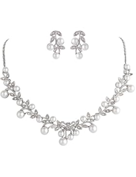 Ever Faith Vine Blatt Bowknot künstlich Perle Halskette Ohrring Set - Silber-Tone N03345-1