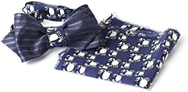 Silk Bow Tie Double Sided Navy Blue with Strips and Blue with White Animal Print and Pocket Square for Men, One Size Adjustable with Hook