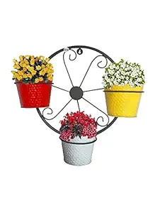 GIG Handicrafts Wheel Style Iron Wall Plant Stand with 3 Metal Planters for Wall Decoretion (48 cm x 17 cm x 41 cm, Black)