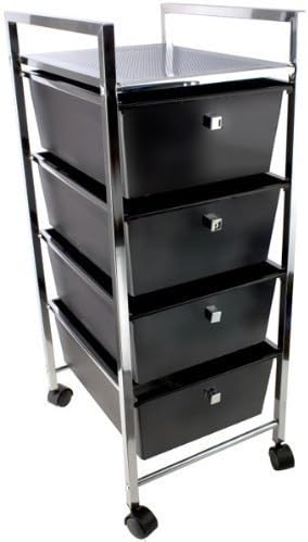 Household and bathroom rack on wheels trolley, 4 Drawers, Chrome, Plastic,black