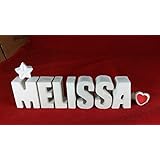 Beton, Steinguss Buchstaben 3 D Deko Schriftzug Namen MELISSA als Geschenk verpackt! Ein ausgefallenes Geschenk zur Geburt, Taufe, Geburtstag oder auch zu anderen Anlässen.