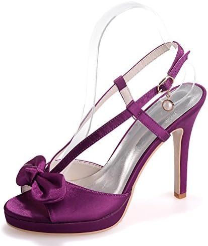 Elobaby Women Wedding Shoes Bow Tie 35-42 Size Satin Peep Toe Platform High Heels Satin Buckle/11cm Heel, Purple, 40