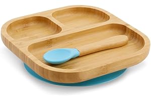GREENBOX Bambus-Teller-Set quadratisch I Saugnapf-Teller mit Löffel - FSC-zertifiziert I süßes Bambus Holz-Schüssel-Set Kleinkind - Kinder-Teller & Snack-Schale I Baby Bambus-Geschirr eckig blau