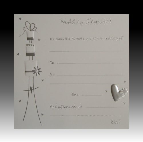 Pack of 10 Luxury Silver Foiled Wedding Invitations - Cake & Hearts