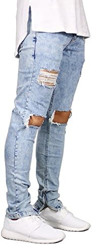 CRAODIEYA Men Jeans Stretch Destroyed Ripped Design Fashion Ankle Zipper Skinny Jeans For Men E5020,Blue,30