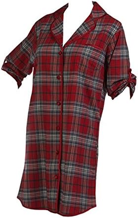 Waite Ltd Ladies 100% Combed Cotton Tartan Nightshirt Button Up Checked Satin Style Trim Nightie Red (Medium)