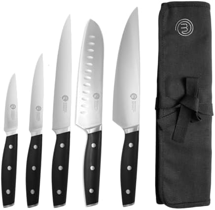 MasterChef Set Coltelli da Cucina Professionali con Borsa Coltelli Chef, Set di Coltelli da Chef, Santoku, Tritatutto, da Ufficio e per Verdure, Acciaio Inossidabile ad Alto Carbonio, 5 Pezzi