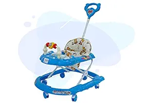 EVOHOME Smart Musical Round Toddler Baby Walker with Comfy 3-in-1 Height Adjustable Activity with Light and Musical Toy Bar and Ultra Soft Seat for Kids with Parent Handle (Blue)