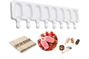 Kaishuai Set Stampi Easy Cream Stampi per Gelato, Stampo per Ghiaccioli, Classic, Silicone, Bianco, 8 unità cavità (20 pezzi di bastoncini di legno) (BQL-01)
