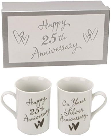 Beautiful Set of Silver Wedding 25th Anniversary mugs - Make An Ideal Gift