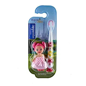 aquawhite Aquaville Toothbrush with Doll Toy for Girls, Soft Bristles, Pink Color, For 2+ Age