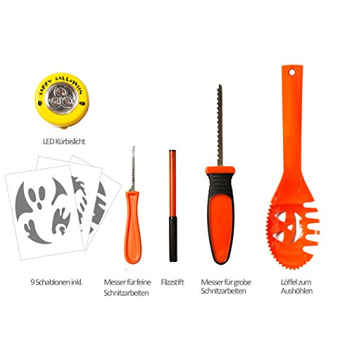 Brauns Heitmann 7008 14-teiliges Deluxe Kürbis Schnitzset mit LED-Licht, Löffel, 2 Messer, Stift, 9 Vorlagen, grün / orange - 6