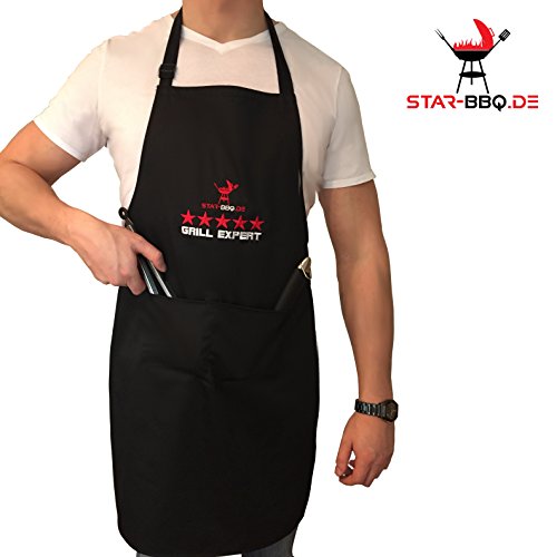 Grillschürze von STAR-BBQ | Küchenschürze Kochschürze – Die elegante Schürze, die Ihre Kleidung vor Grillgeruch und Fettspritzern schützt, schwarz mit Taschen für Männer - 2