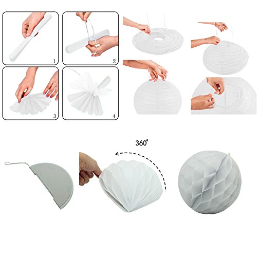 MOONPOP DIY Pom Poms Deko 9 Set – Inhalt 3x Paper Flower Ball 10“, 3x weiße Laternen 10“ und 3x weiße Wabenbälle 8“ für Hochzeit Geburtstag Party Hause Deko (Pink Serie) - 3