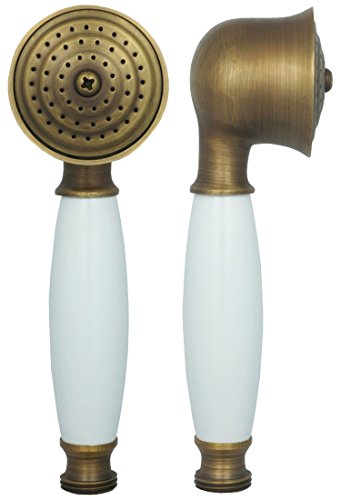 Nostalgie Retro Handbrause Brausekopf Duschbrause Dusche Duschkopf Regenbrause mit weißem Keramik Griff Vintage Antik Messing 070