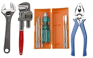 ACHRO 909 Tool Kit for Home/Workplace/Industry/Garage Contains 6 Pcs Screwdriver Set + 8 inch Adjustable Spanner + 8 Inch Plier Tool + 10 Inch Pipe Wrench (Set of 9 Tools, Multicolour)