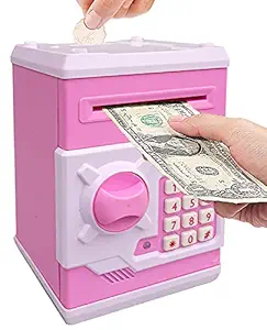 Toyshine Electronic Kids Money Bank ATM Safe Piggy Bank Savings Box Toy with Money Suction Feature- Pink White