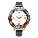 JSDDE Uhren,Elegant Damen-Armbanduhr Strass Rosegold Kunstharz GEH?use Armbanduhr Lederband Analog Quarzuhr,Schwarz