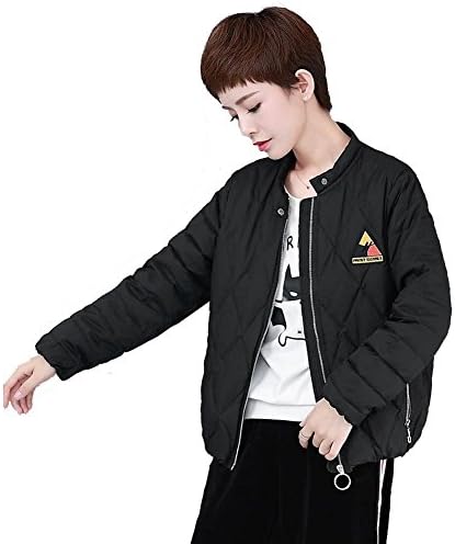 Women Lightweight Down Jacket Stand Collar Zipper Patch Warm Thicker Short Coats . Black . S
