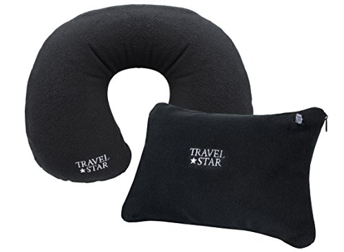 2er Set: Aufblasbares Nackenhörnchen + Kissen mit Fleece-Bezug (Schwarz) (TS-N-4001)
